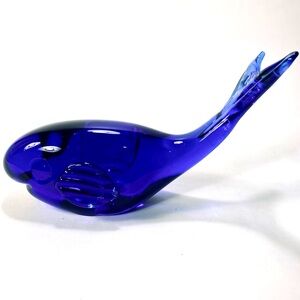 Pilgrim Cobalt Blue Blown Art Glass Whale Figurine Paperweight